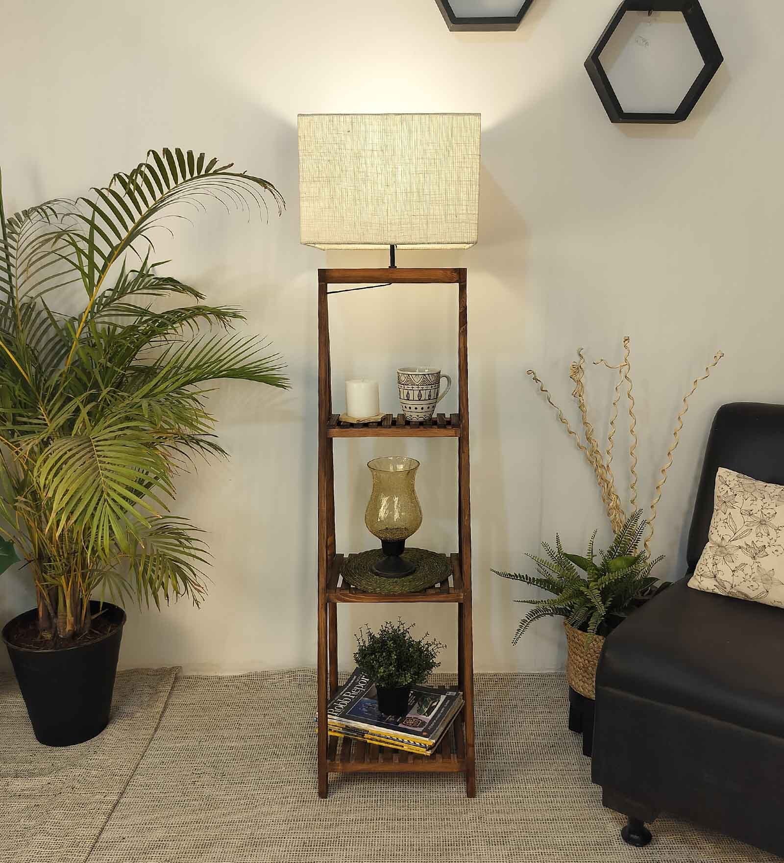 Raphael Wooden Shelf Floor Lamp with Jute Shade & Brown Base