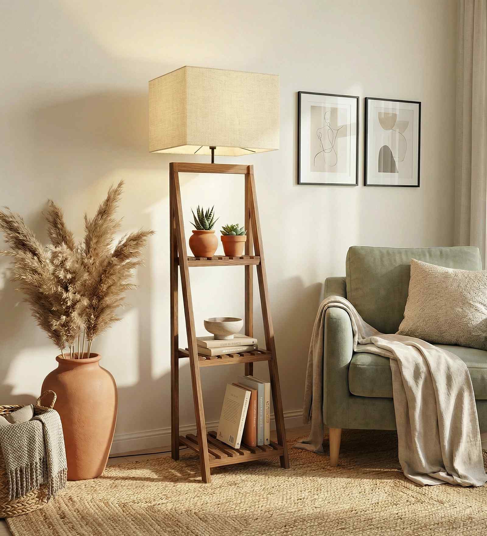 Raphael Wooden Shelf Floor Lamp with Jute Shade & Brown Base