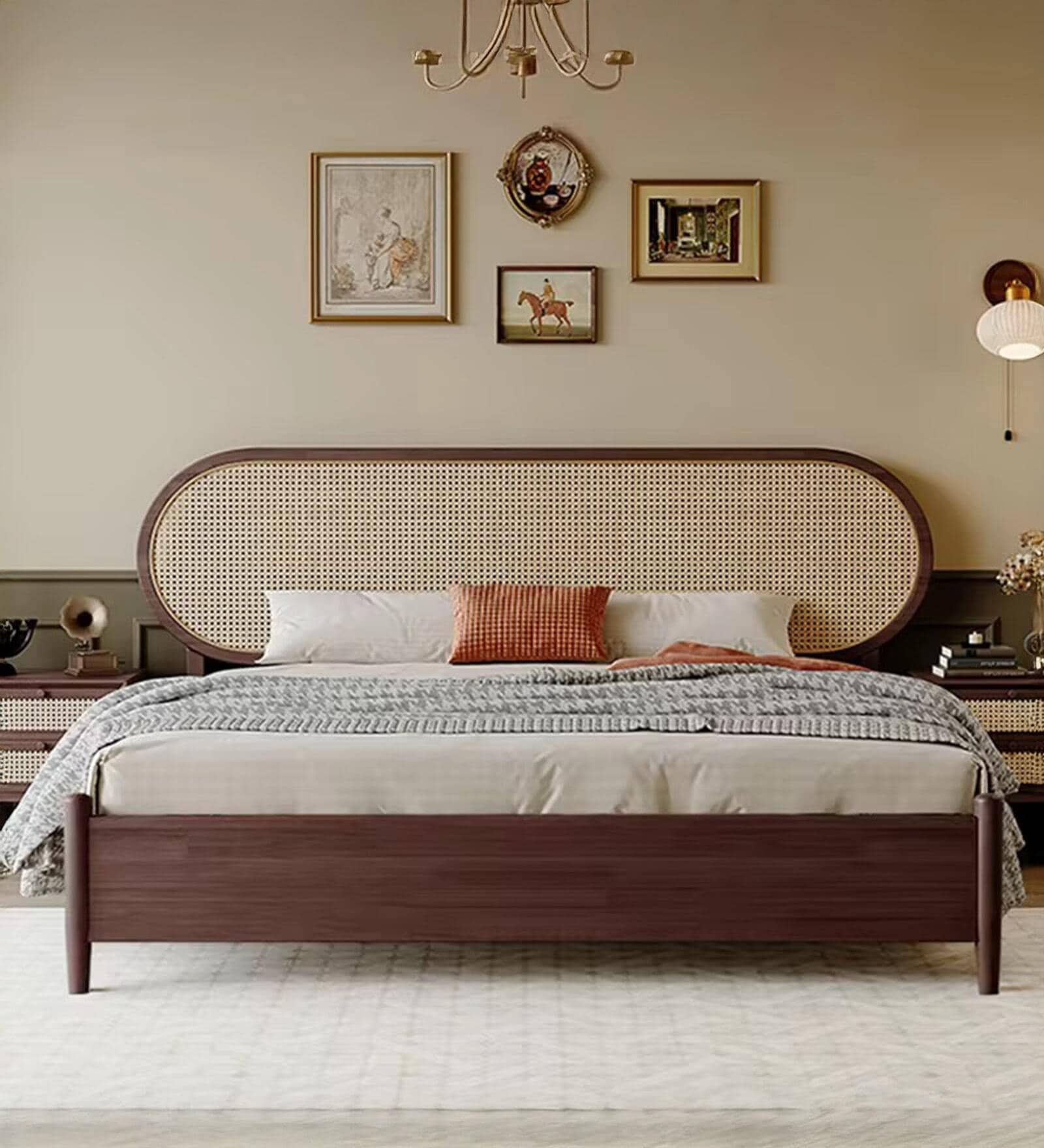 Rattan Back King Size Bed in Walnut Finish