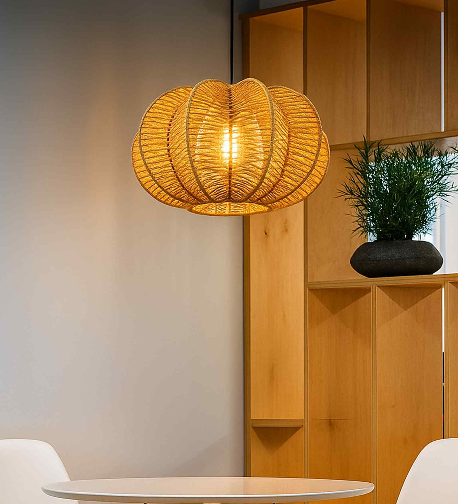 Rattan Seagrass Raffia Kauna Wicker Lamp, Handwoven Pendant, Beige, Round Melon Shape