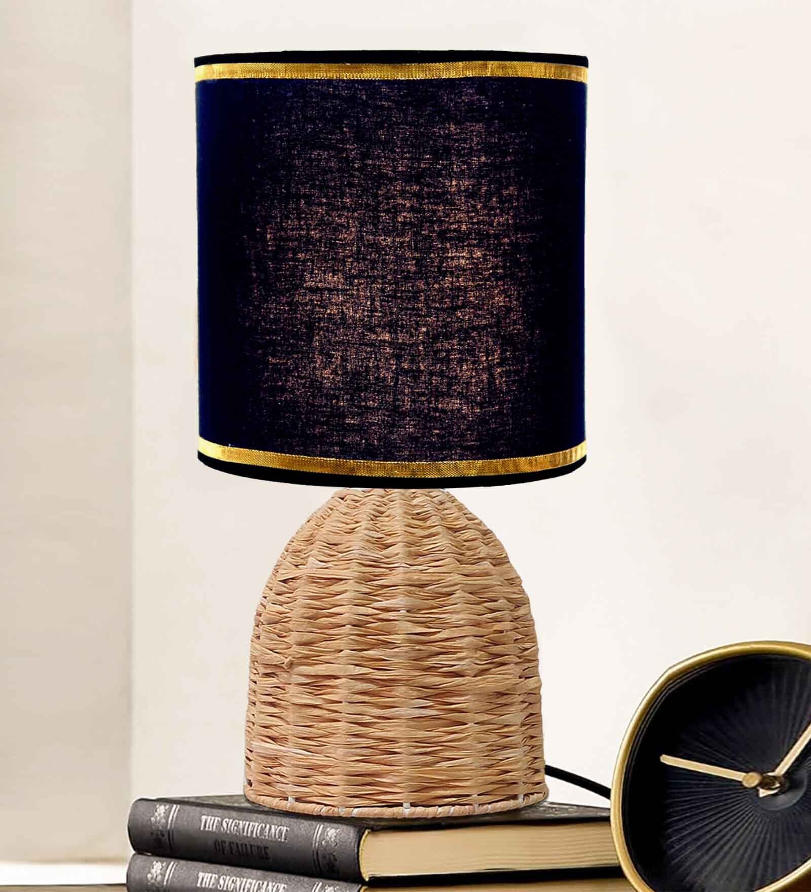 Rattan Metal Table Lamp With Fabric Shade (Black & Beige)