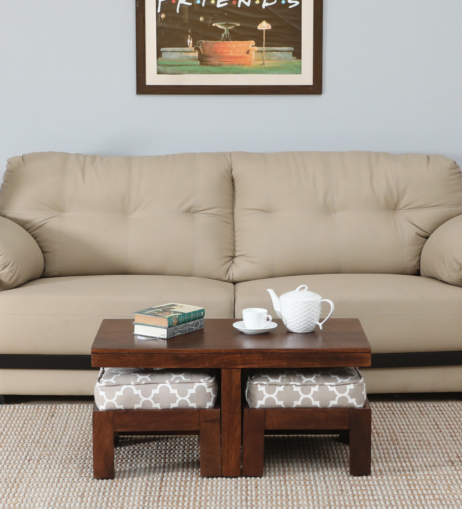 Rauma Mango Wood Coffee Table Set In Walnut Finish With 2 Stool