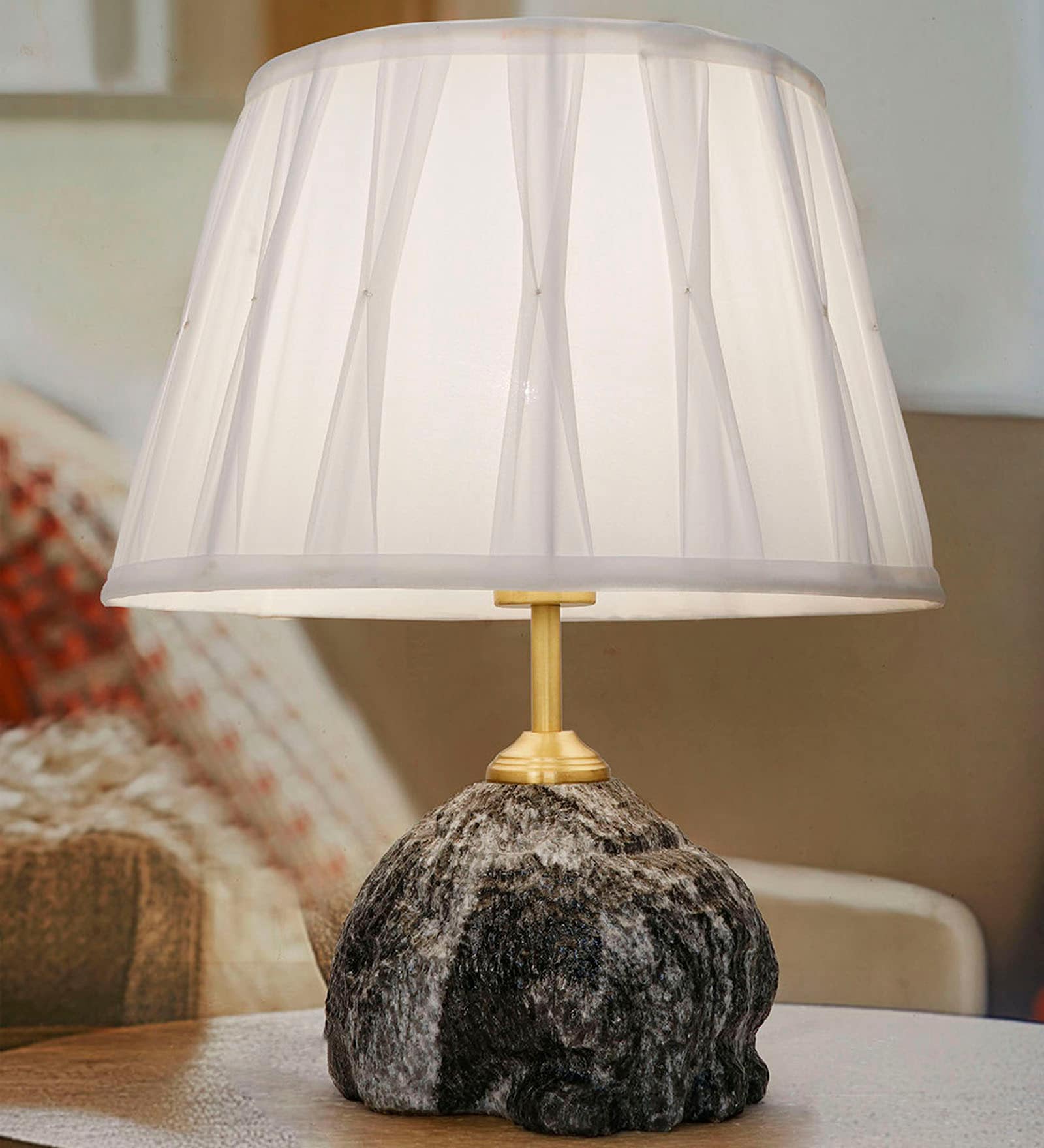 Raw Black Marble Table Lamp with Pleated Fabric Shade