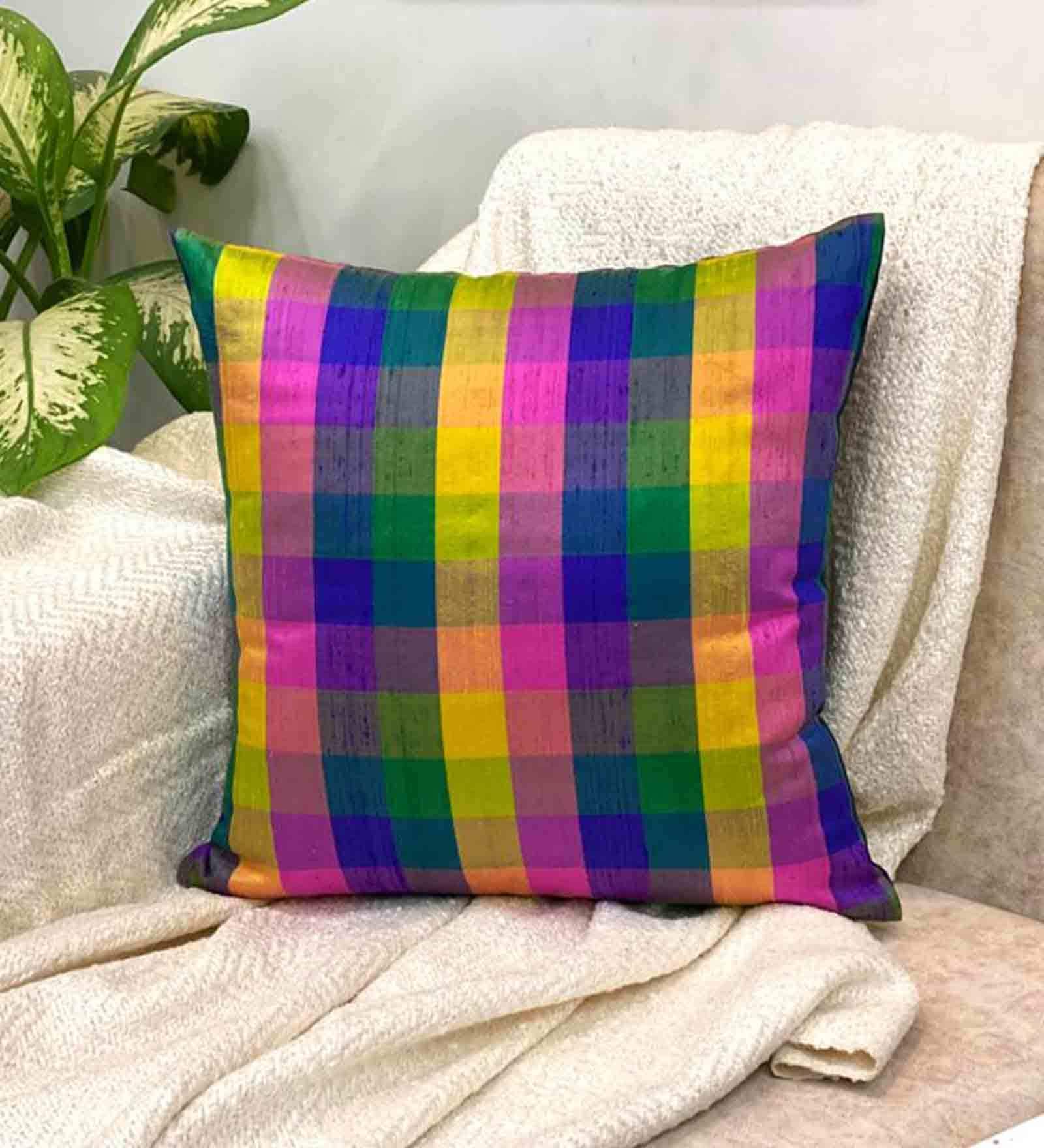 Multicolor Geometric Silk 16 x 16 Inches Cushion Cover