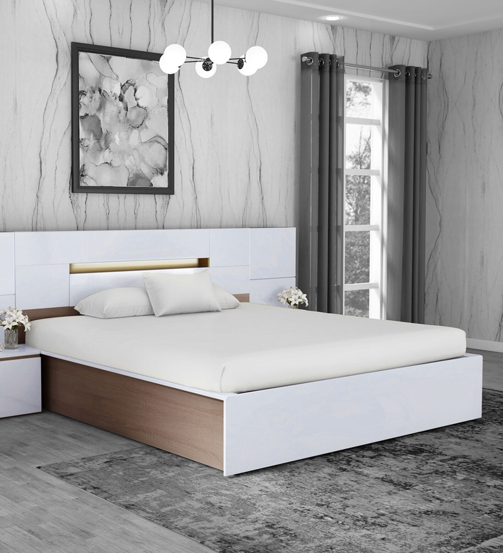 Ray Queen Size Bed with Hydraulic Storage in Swiss White Colour