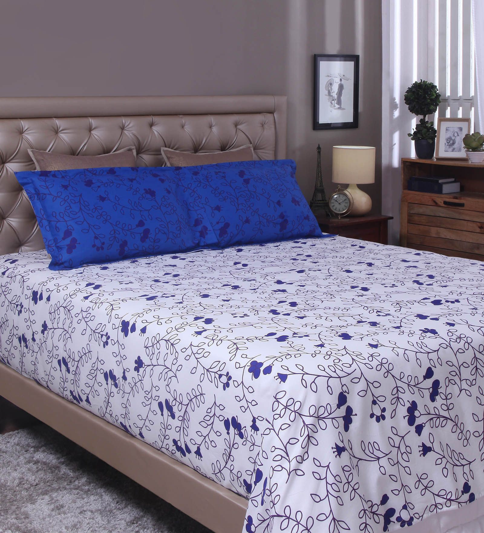 Buy Raymond Home White & Blue 100 Cotton Queen Size Bed Sheet Set of