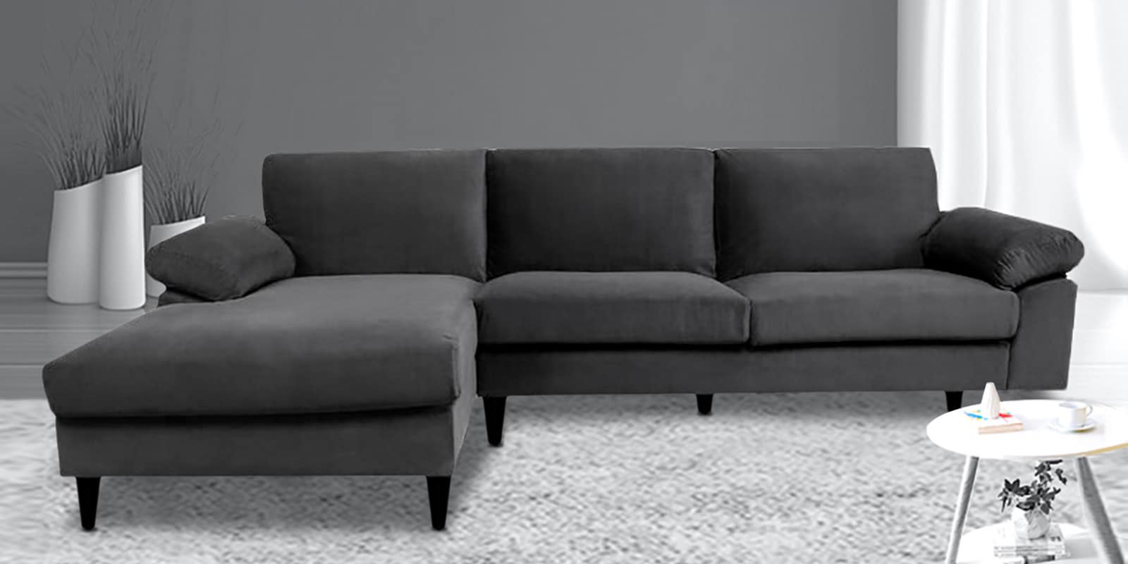 Buy Rico Fabric RHS Sectional Sofa ( 3+ Lounger) in Charcoal Grey