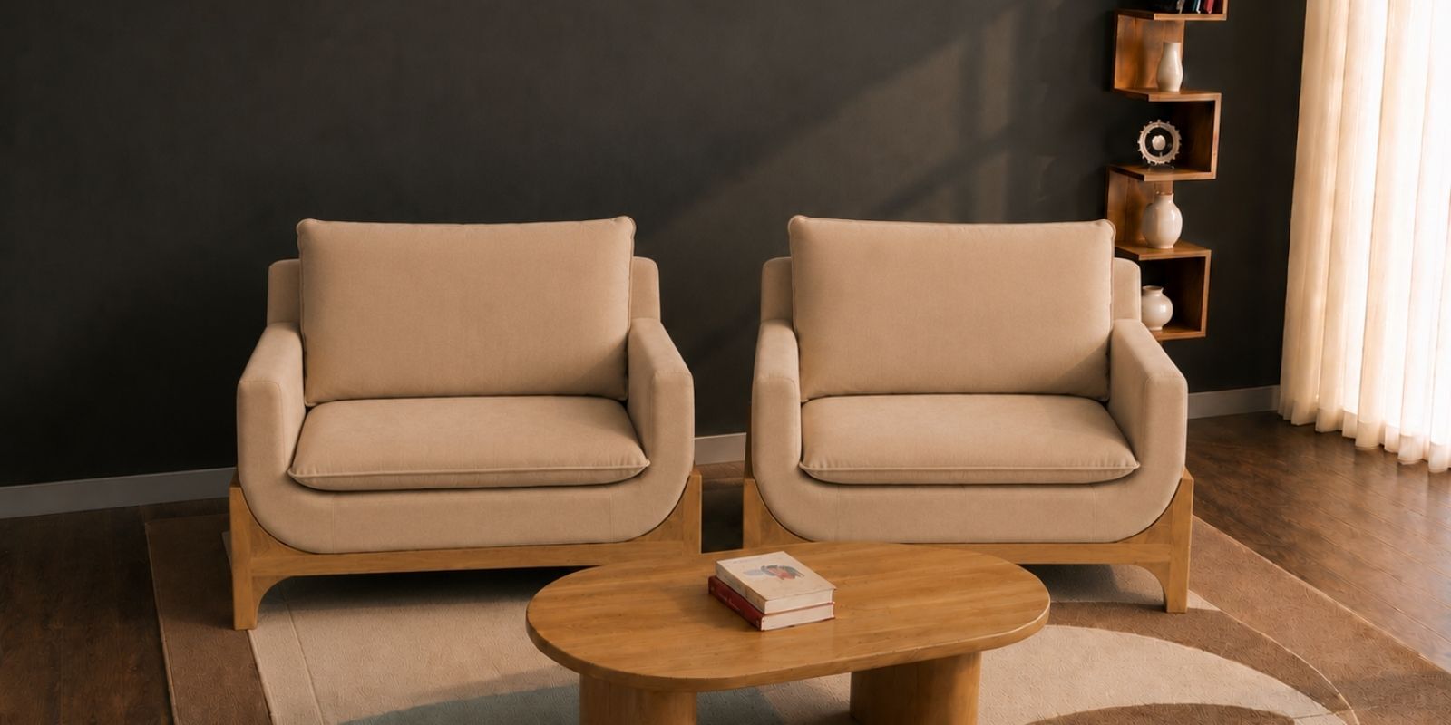 Raya Custom Wooden Upholstered 1+1 Seater Sofa Set In Beige Colour Raya Custom Wooden Upholstered 1+1 Seater Sofa Set In Beige Colour