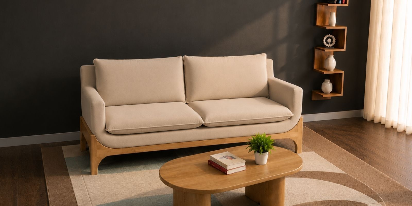 Raya Custom Wooden Upholstered 3 Seater Sofa Set In Beige Colour Raya Custom Wooden Upholstered 3 Seater Sofa Set In Beige Colour