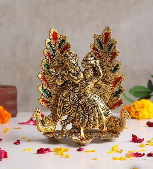 (1Pc) Gold Metal Radha Krishna Idol & Figurine For Home Temple