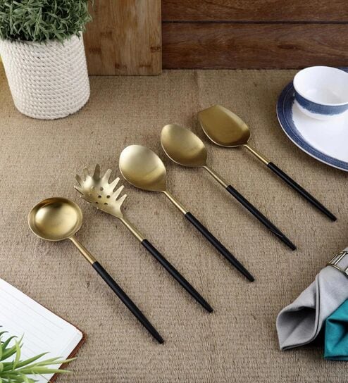 Radiant (Set of 5) Black Colour Stainless Steel Serving Spoon by Vareesha