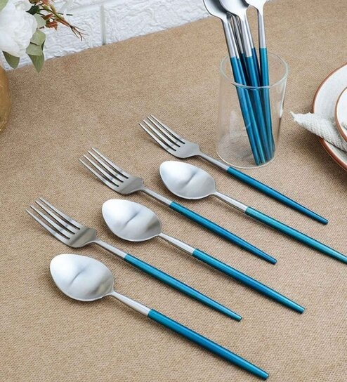 Radiant Blue Handled Matt Finish Stainless Steel Flatware Set of Twelve - Spoons & Forks