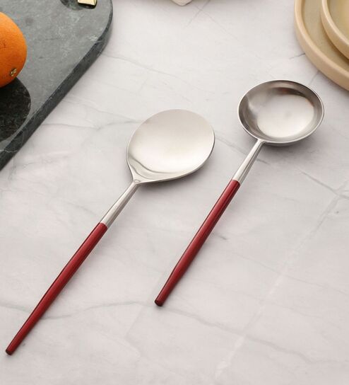 Radiant Maroon Red Handled Matt Finish Stainless Steel Serving Spoons Set of Two