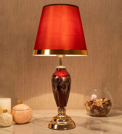 Radiant Monolith Ceramic Table Lamp with Cotton Shade (Multicolour & Red)
