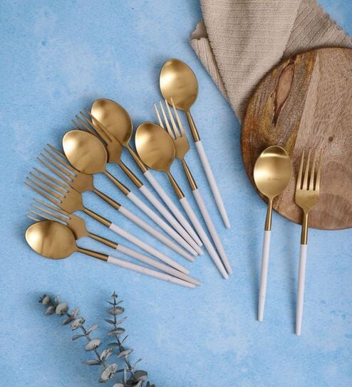 Radiant White Handle Gold Steel Cutlery Set of Twelve - Spoons & Forks
