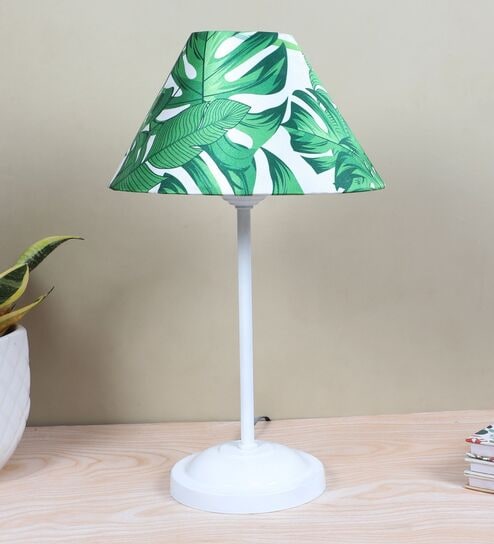 Radient Aura White Metal Table Lamp With Palm Print Satin Shade