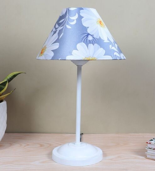 Radient Aura White Metal Table Lamp With Narcissue Floral Print Satin Shade