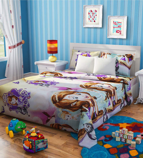 Rago Kids Sofia The First Double Bedsheet In Purple White With 2 Pillow Covers