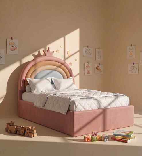 Rainbow Leatherette Kids Twin Bed In Pink Colour