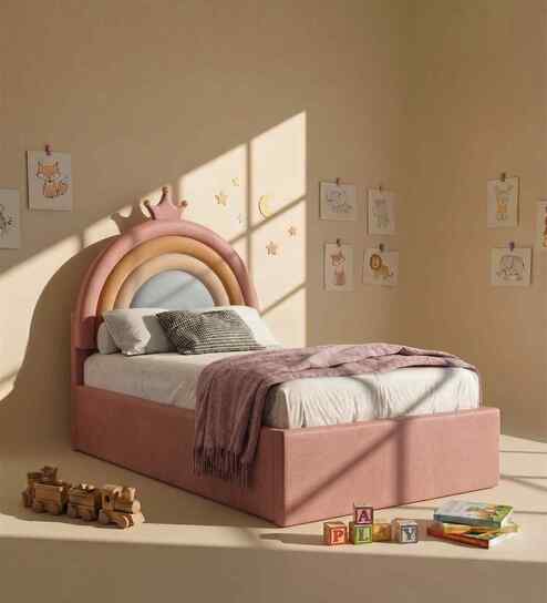 Rainbow Leatherette Kids Twin Bed With Box Storage In Pink Colour
