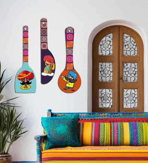 Set of 3  Rajasthani Character Wooden Spoon Wall Hanging