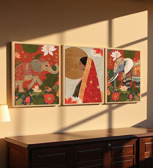 Indian Elephant & Bride Wall Art Framed Set of 3