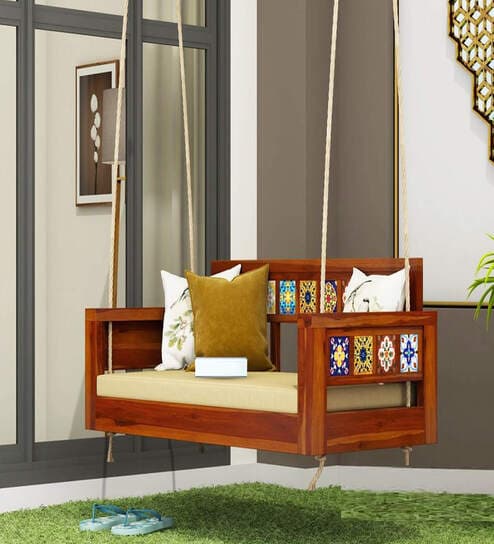 Rajasthani Solid Wood Swing in Honey Colour with tiles