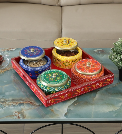 RAJASTHANI WOODEN DRY FRUIT TRAY WITH 4 STAINLESS STEAL BOWLS INSIDE (REMOVABLE), ROTATABLE TRAY, HANDPAINTED,EASYCLEAN