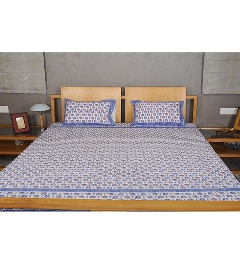 Buy Rajrang Blue Indian Block Printed Double Bedsheet Set Set Of