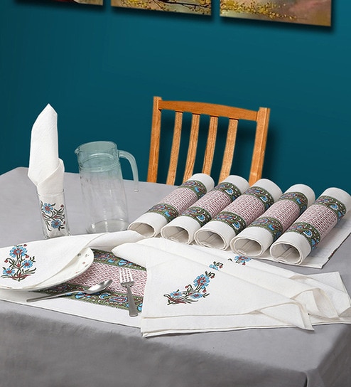 Buy Rajrang White Green Jaipuri Printed Table Mat N Napkin Set