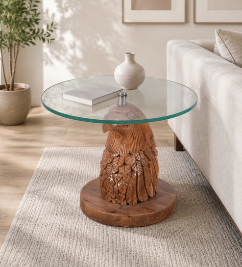 Rajwada Mango Wood Eagle Face Side Table in Tubbaq Finish with Glass Top