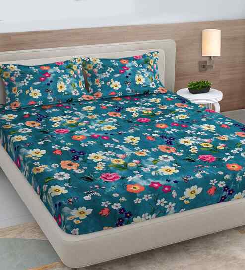 Rama Blue Floral 300 TC Cotton Blend King Size Double Bedsheet with 2 Pillow Covers