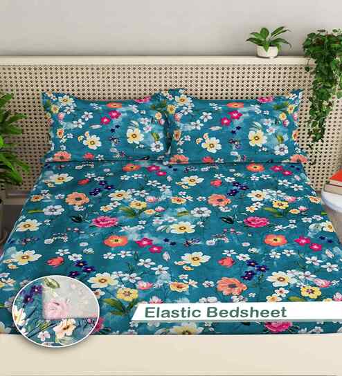 Rama Blue Floral 300 TC Cotton Blend King Size Fitted Double Bedsheet with 2 Pillow Covers