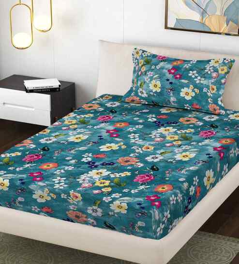 Rama Blue Floral 300 TC Cotton Blend Single Bedsheet with 1 Pillow Cover