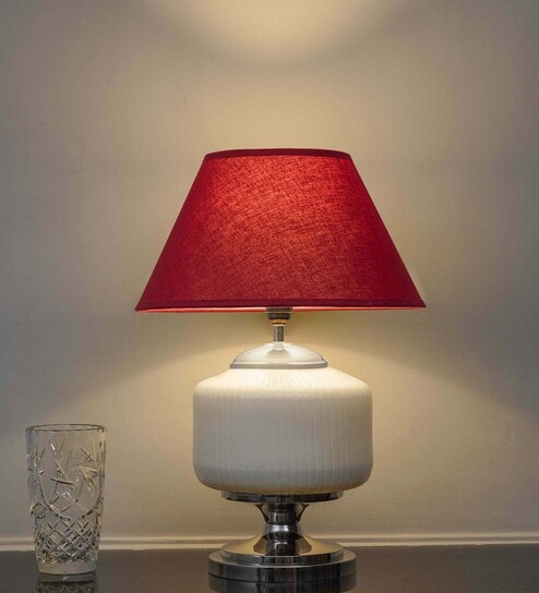 Ramzi Chrome Finish Metal And Frosted White Glass Table Lamp With Maroon Cotton Shade