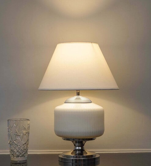 Ramzi Chrome Finish Metal And Frosted White Glass Table Lamp With White Cotton Shade