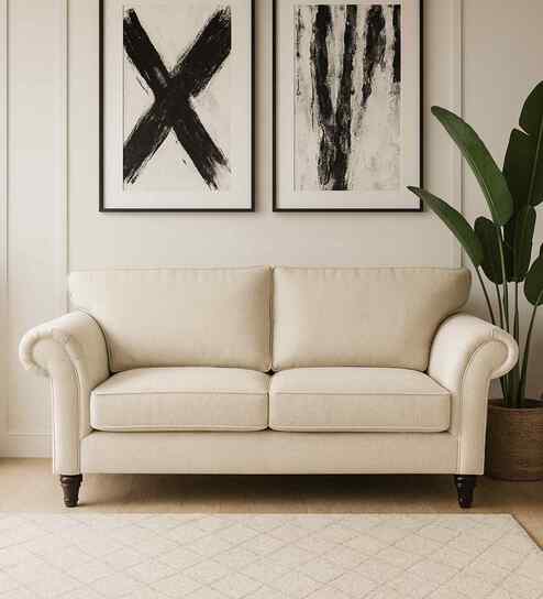 Rana Fabric 2 Seater Sofa in Cotton Beigen Color