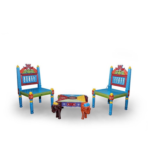 Rangilo Rajasthan Harlequin Pidda Chair Set 2 Pidda Chairs 1 Low Height Coffee Table By Mudramark