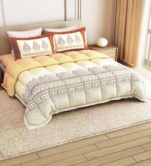 Orange Rangriti King Size Bedding Set with 180TC Bedsheet With Comforter & 2pc Pillow Covers