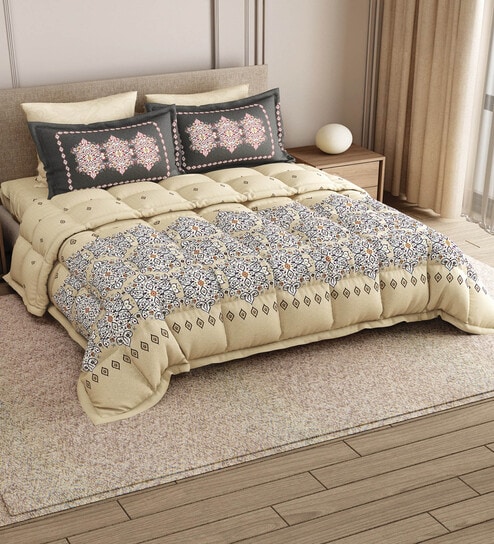 Brown Rangriti King Size Bedding Set with 180TC Bedsheet With Comforter & 2pc Pillow Covers