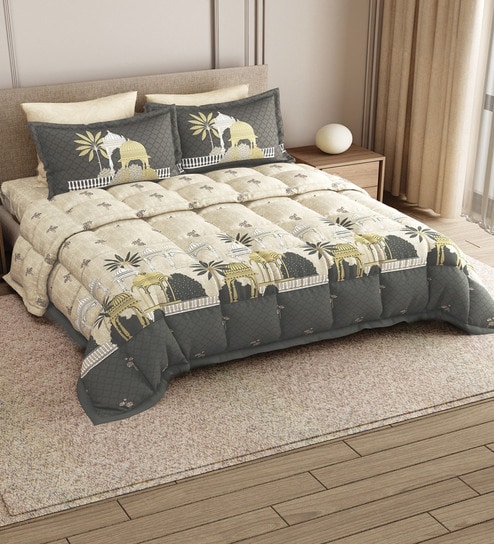 Grey Rangriti King Size Bedding Set with 180TC Bedsheet With Comforter & 2pc Pillow Covers