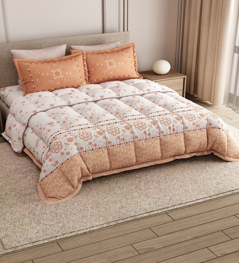 Orange Rangriti King Size Bedding Set with 180TC Bedsheet With Comforter & 2pc Pillow Covers