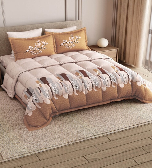 Orange Rangriti King Size Bedding Set with 180TC Bedsheet With Comforter & 2pc Pillow Covers