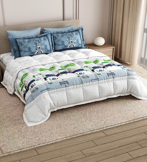Blue Rangriti King Size Bedding Set with 180TC Bedsheet With Comforter & 2pc Pillow Covers