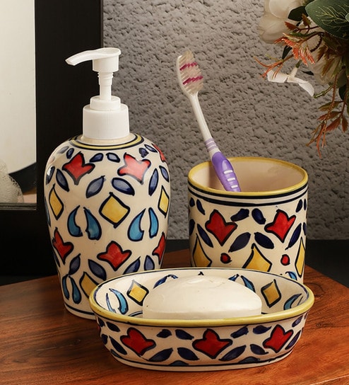 Rangriti Multicolour Ceramic (Set of 3) Bath Accessory Set