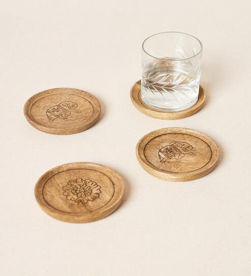 Rani Bagh Wooden Coasters - Set of 4, 4"dia