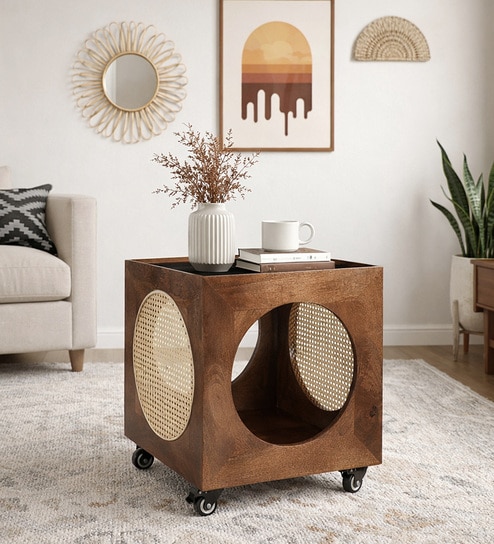 Raphal Mango Wood End Table In Tubbaq Finish With Brown Tinted Glass Top