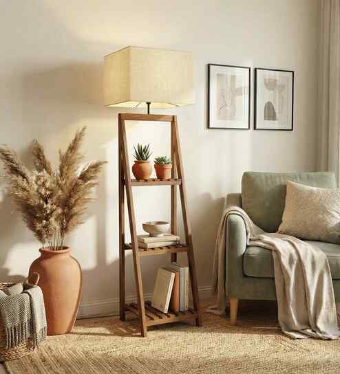 Raphael Wooden Shelf Floor Lamp with Jute Shade & Brown Base