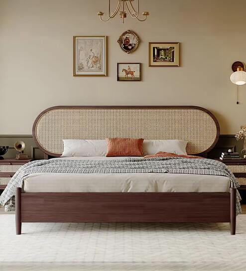 Rattan Back King Size Bed in Walnut Finish