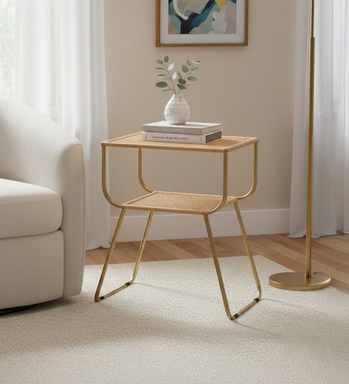 Rattan Metallic End Table in Gold Finish Set of 2